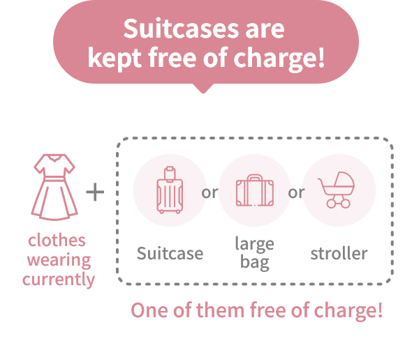 Suitcases are kept free of charge! = clothes wearing + One of them free of charge! (Suitcase or large bag or stroller)